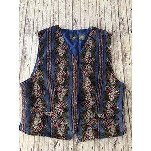 90s Lizwear Vest Womens Size Med Petite Blue Paisley Floral Soft Velvet Vintage